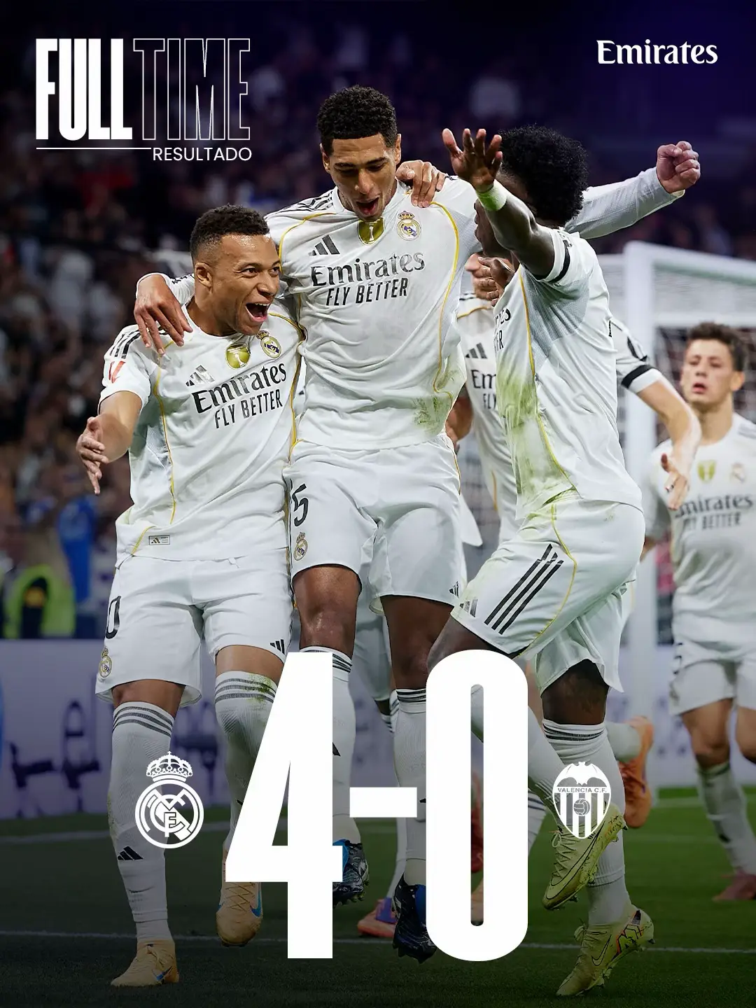 ⚽ 19’ #Mbappe (p) ⚽ 31’ Mbappé  ⚽ 44’ #Bellingham  ⚽ 82’ #Carreras @Emirates | #RealMadridValencia