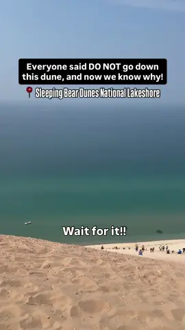 Have you been to Sleeping Bear Dunes in Michigan. It’s a beautiful National Lakeshore. But, DO NOT go down this dune! Unless you are in really really good shape. We saw so many people crawling back up. All of them said it was so much worse than they thought it would be. It’s sand and rocks going straight down 450 ft to Lake Michigan. It has beautiful views at the top of the lake. But, if you go down to get in the water and have to be rescued it’s $3,000. The park even discourages you, but they don’t forbid. Which I thought was interesting.  Those are people at the very bottom that look like ants.  Would you do this hike? #michigan #rvtravels #sleepingbeardunes #dangeroushike #lakemichigan  