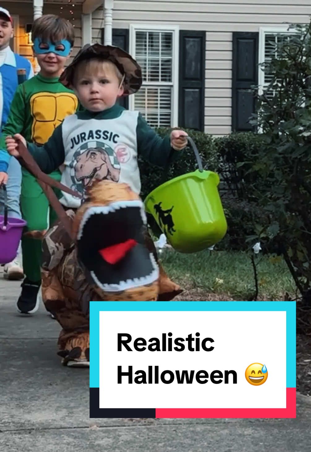 This is how REALISTIC and nonaesthetic Halloween actually is as a parent to a three and five year old.  Was it a blast? At times 😂 was it so chaotic that we didn’t get photos so I’ve begged them to let me do them on Sunday? Yes.  Do we love our new neighborhood and actually having friends for our kids to do things with? YES! If you ever expect sanitized, aesthetic, and perfect content from us… we aren’t it 😂 #boymom #toddlersoftiktok #parenting #funnykids 
