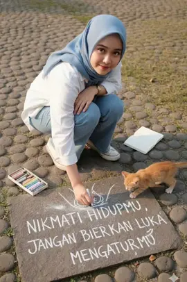 EDIT FOTO GEMINI  Buatkan seorang wanita muda pandangan atas seorang perempuan muda memakai hijab biru muda di halaman berbatu yang disinari matahari, menulis dengan huruf-huruf tebal dan besar menggunakan kapur putih. Tulisannya berbunyi: “NIKMATI HIDUPMU, JANGAN BIARKAN LUKA MENGATURMU” dengan tulisan tangan yang rapi namun sedikit tidak rata, dikelilingi debu dan corengan kapur yang memberikan kesan alami seperti digambar tangan. Ia mencondongkan tubuh ke depan saat menulis,  . Ia mengenakan celana panjang jeans cutbray warna biru muda, kemeja warna putih longgar, dan sepatu kets putih usang yang sedikit berdebu karena terkena batu-batu bulat. Di sampingnya terdapat kotak kapur warna-warni yang terbuka dan sebuah buku catatan kecil. Seekor anak kucing berwarna jingga dengan penasaran mencakar-cakar kapur di dekatnya, meninggalkan bekas cakaran samar di tanah. Sinar matahari sore yang lembut memantulkan bayangan lembut dari lengan dan bekas kapurnya, menciptakan nuansa hangat dan realistis. Suasananya kreatif, ceria, dan berlandaskan realisme sehari-hari — sebuah ekspresi artistik spontan di halaman yang nyaman. Rasio 9:16. Tidak merubah muka asli bibir mata hidung alis bentuk muka seperti foto terlampir #ai #geminiai #trendgemini #prompt #geminiaiprompt 