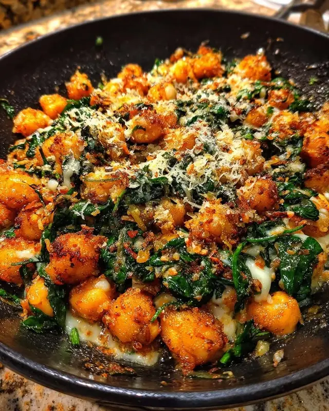 Crispy Mozzarella Chickpeas & Spinach with Lemon Drizzle Ingredients: 1 can (15 oz / 425 g) chickpeas, drained, rinsed, and patted dry 2 tbsp (30 ml) olive oil ½ tsp (2 g) smoked paprika ½ tsp (2 g) garlic powder Salt and black pepper to taste 2 cups (60 g) fresh spinach leaves ½ cup (60 g) shredded mozzarella or mozzarella pearls 1 tbsp (15 ml) lemon juice ½ tsp (2 g) lemon zest 1 tsp (5 ml) honey 1 tbsp (15 ml) extra virgin olive oil (for drizzle) Directions: Preheat oven to 400°F (200°C) and line a baking sheet with parchment paper Toss chickpeas with olive oil, smoked paprika, garlic powder, salt, and pepper Spread evenly and roast for 20–25 minutes until golden and crispy In a skillet over medium heat, wilt spinach lightly for 1–2 minutes and set aside In a small bowl, whisk lemon juice, zest, honey, and olive oil until smooth On a serving plate, layer the wilted spinach, top with crispy chickpeas and mozzarella Let the residual heat soften the cheese slightly Finish with the lemon drizzle and serve warm as a light meal or side dish Prep Time: 10 minutes Cooking Time: 25 minutes Total Time: 35 minutes Kcal: 290 per serving Servings: 3#ComfortFood #RecipeVideo #QuickMeals #HomeCooking #foryoupage 