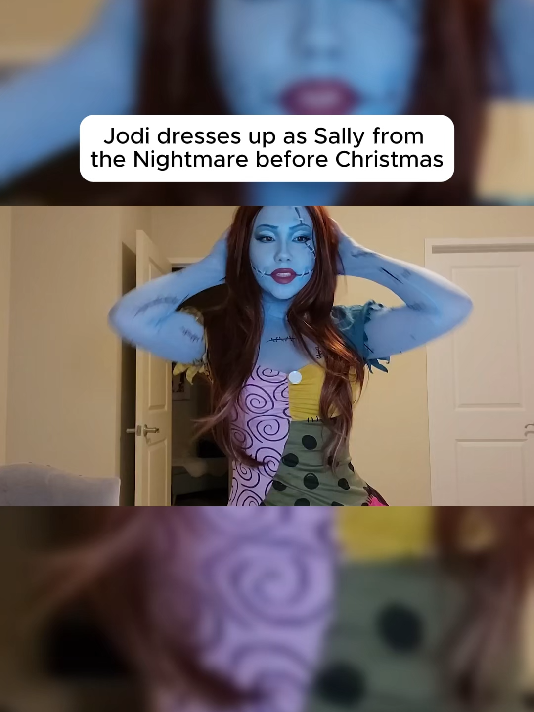 Jodi dresses up as Sally from the Nightmare before Christmas#fyp #quarterjade #halloweencostume