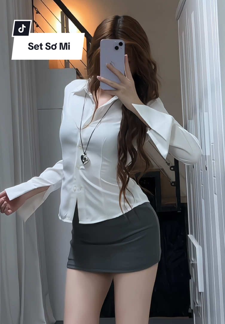 Set áo sơ mi xinh có dây thắt eo phía sau nhé #setxinh #setdoxinh #setnuxinh #thaosuneo #viralvideo 