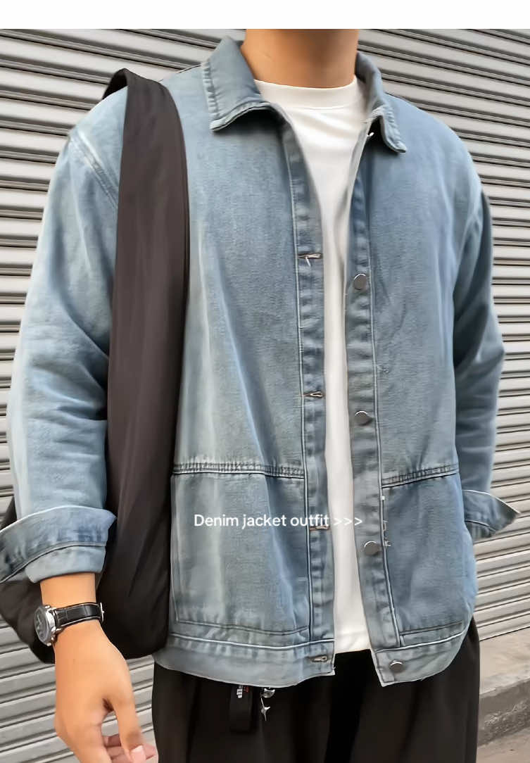 Denim jacket 🔥💯>>> #bajulelaki #bajuviral #bajuoversize #loosepants #casualoutfits 