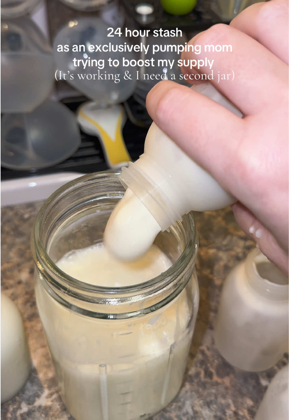 At one point I was only filling half of this jar within 48 hours & now it’s overflowing in 24 hours 😭🎉🥳 #exclusivelypumping #MomsofTikTok #momtok #breastmilkstorage #fyp 