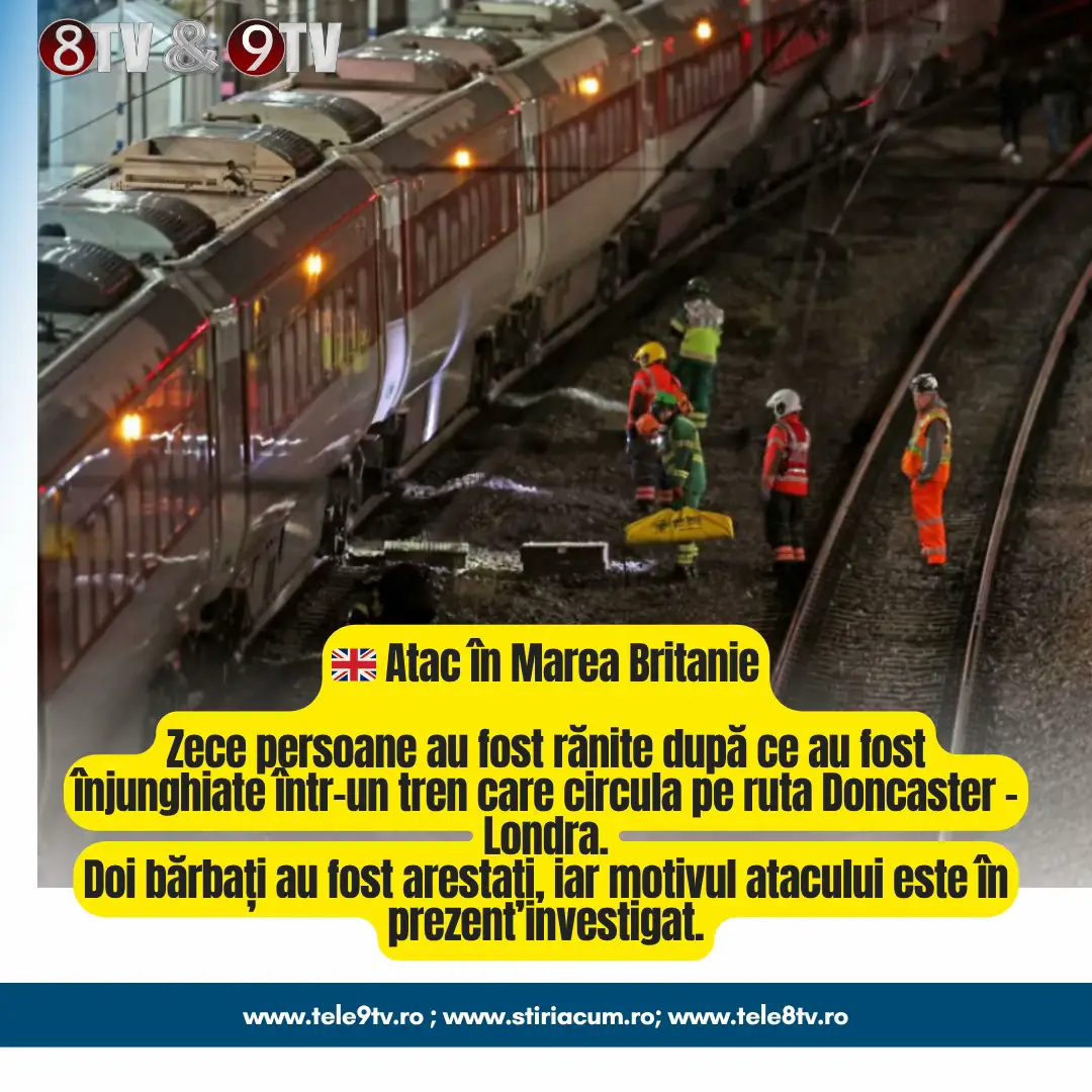 Zece persoane au fost rănite după ce au fost înjunghiate într-un tren care circula pe ruta Doncaster – Londra. Doi bărbați au fost arestați, iar motivul atacului este în prezent investigat. 🔎 Autoritățile continuă cercetările pentru a stabili contextul și circumstanțele acestui incident violent. #UK #BreakingNews #Doncaster #Londra #news 