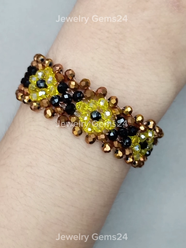 Bracelet Making #JewelryGems24 #bracelet #bracelets #braceletmaking #foryou  Materials: 1. Brown crystal beads 4mm  2. Black crystal beads 4mm  3. Yellow crystal beads 4mm  4. Beading needles number 11 & thread  5. Clasps & scissor  6. Thread length, first row: 120cm & second row: 90cm & last row: 90cm