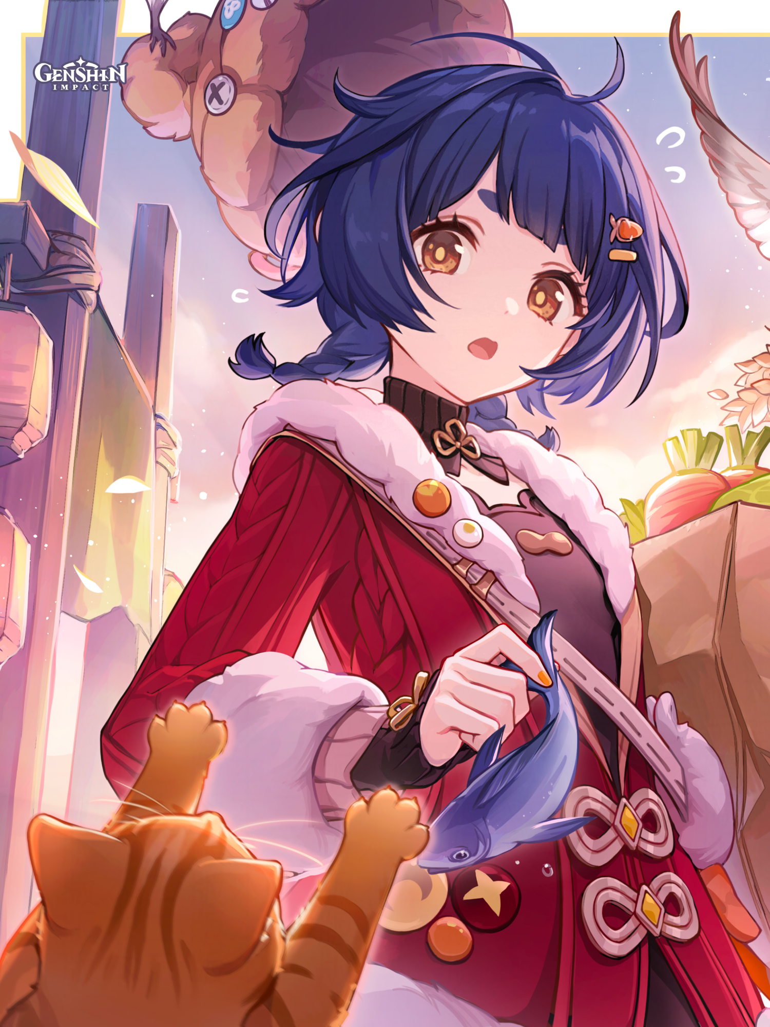 ¡Feliz cumpleaños, Xiangling! A ver, ¿qué ingredientes me faltan para mi nuevo plato? ¡Ah, perfecto, ya está todo listo! ¿Eh? ¿De dónde salieron todos estos animalitos? ¿Tienen hambre? ¡Oigan, oigan, no me roben esto, que acabo de comprarlo! ¡Y el sombrero tampoco es para comer! Está bien, ¡pueden llevárselo todo! Iré más tarde a comprar lo que me falte. ¡Ahora son también clientes del Restaurante Wanmin! #GenshinImpact #Xiangling #HBD