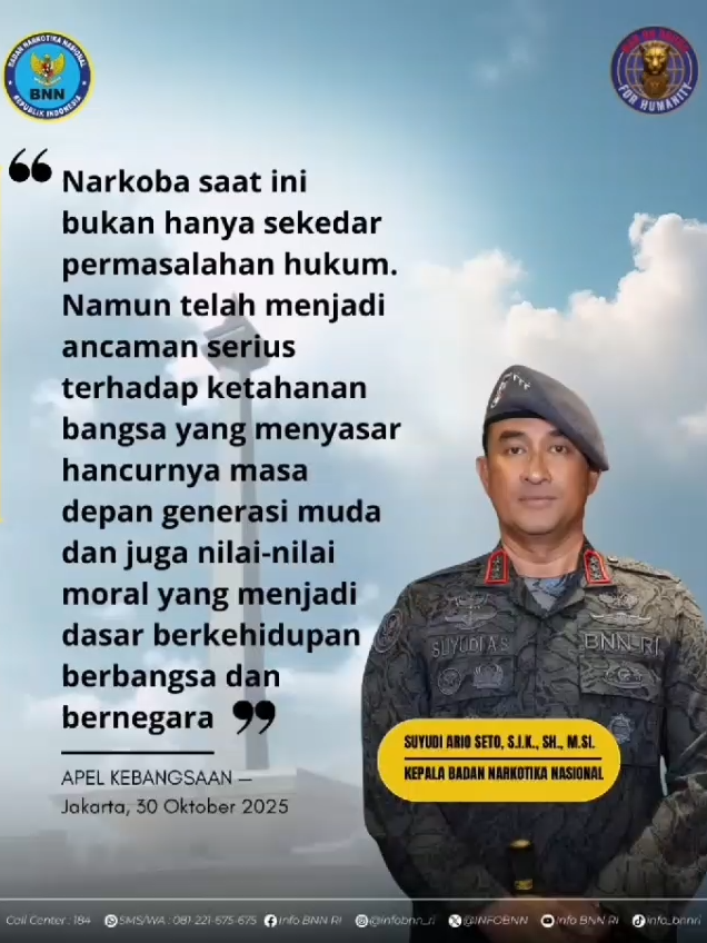 Narkoba bukan lagi sekadar masalah hukum. Ini adalah ancaman serius terhadap ketahanan bangsa, menghancurkan masa depan generasi muda dan nilai-nilai moral yang menjadi dasar kehidupan berbangsa dan bernegara.  BNN terus berkomitmen menjaga Indonesia dari ancaman narkoba, demi generasi yang tangguh dan bermartabat. #warondrugsforhumanity