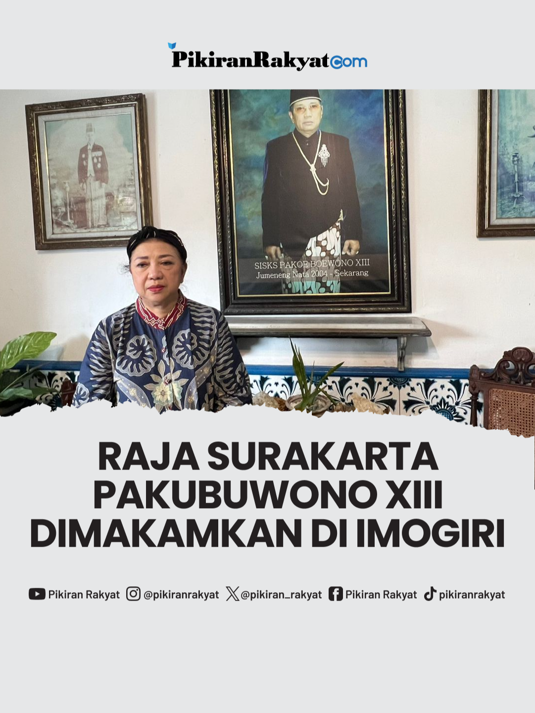 Raja Keraton Surakarta, Kanjeng Sunan Pakubuwono XIII Hangabehi, wafat pada usia 77 tahun. Menurut Gusti Kanjeng Ratu Wandansari, adik kandung Pakubuwono XIII, jenazah almarhum akan dimakamkan di kompleks makam raja-raja Mataram di Imogiri, Bantul, Yogyakarta, pada Rabu (5/11/2025) pagi. Prosesi pemakaman akan diawali upacara adat di Keraton Surakarta, dilanjutkan dengan kirab jenazah menuju Loji Gandrung dan pemberangkatan ke Imogiri. Upacara pemakaman dijadwalkan dimulai pukul 08.00 WIB. Imogiri menjadi lokasi pemakaman para raja Mataram dan penerusnya, termasuk para Pakubuwono dari Surakarta. Pemakaman PB XIII ini menjadi momen bersejarah bagi masyarakat Solo dan keluarga besar Keraton, menandai akhir masa kepemimpinan sang raja. ***