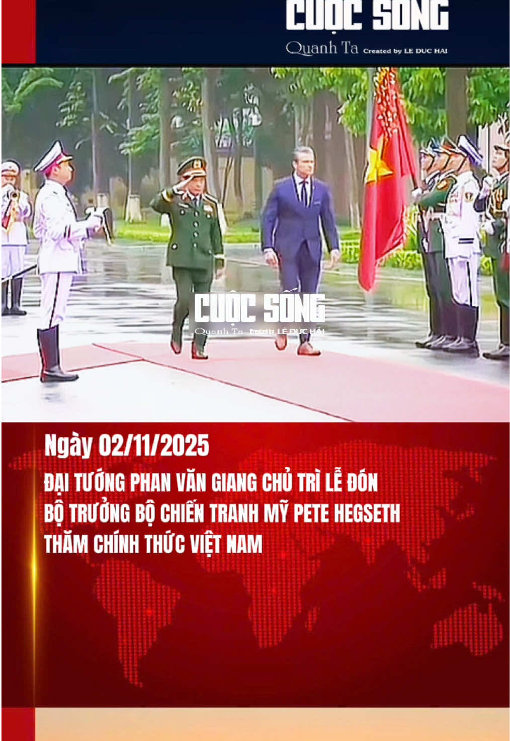 Chiều ngày 2/11 Đại tướng Phan Văn Giang, Ủy viên Bộ Chính trị, Phó bí thư Quân ủy Trung ương, Bộ trưởng Bộ Quốc phòng đã chủ trì Lễ đón Bộ trưởng Bộ chiến tranh Mỹ Pete Hegseth chính thức sang thăm Việt Nam. #tintuc #cuocsongquanhta #petehegseth #daituongphanvangiang #botruongboquocphong   