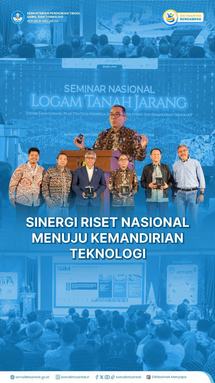 Sinergi Riset Nasional Menuju Kemandirian Teknologi Halo #InsanDiktisaintek Mendiktisaintek, Brian Yuliarto menegaskan pentingnya penguasaan teknologi untuk mengolah sumber daya alam sebagai kunci kemandirian teknologi nasional dalam Seminar Nasional LTJ di ITB. Sinergi antara akademisi, industri, dan pemerintah dalam membangun ekosistem riset berbasis mineral strategis diharapkan semakin kuat. Kolaborasi ini diharapkan melahirkan inovasi yang berdampak bagi kedaulatan teknologi dan kemajuan ekonomi Indonesia.  #Kemdiktisaintek #DiktisaintekBerdampak #KampusBerdampak #KampusTransformatif