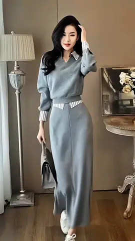 Set Áo Tay Dài Phối Kẻ Tay Dài mix chân váy #setbo #setboxinh #phoidoxinh #trending #viral 