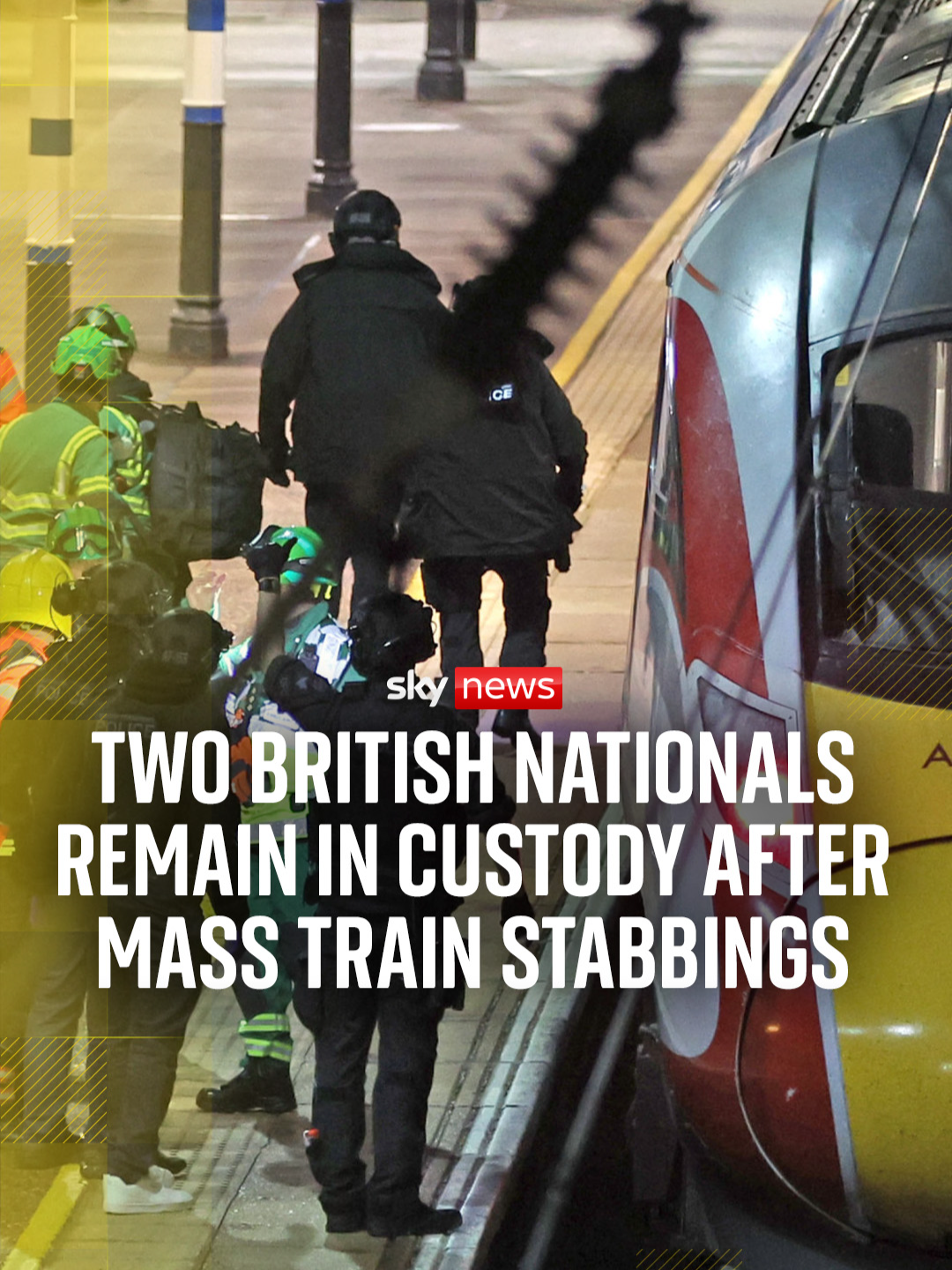 A 32yo black male and a 35yo male of Caribbean descent remain in custody on suspicion of attempted murder after stabbings on a train later stopped at Huntingdon Station. Both British nationals were born in the UK, superintendent John Loveless confirmed. #skynews #huntingdon