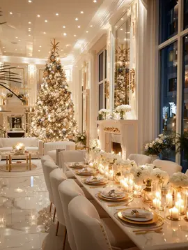 Ultra-luxurious neoclassical Christmas dinning room and open kitchen in a penthouse #Home #decor #christmas #gold #merrychristmas 