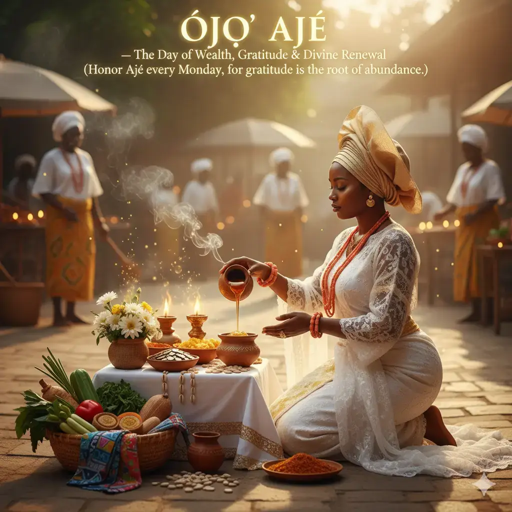 In the rhythm of Yoruba time, every day carries its own spirit. But Monday — Òjọ́ Ajé — is not just the beginning of the week. It is the day of the Earth’s renewal, the day of abundance, the day of Ajé, the Spirit of Wealth and Divine Balance. When dawn breaks on Òjọ́ Ajé, the world stirs with invisible energy. The rivers hum softly, the markets awaken with silent prayers, and the ancestors listen closely — for it is on this day that gratitude opens the gates of blessings. 🕯️ 1. The Spiritual Meaning of Òjọ́ Ajé In Yoruba wisdom, Ajé is not just money — Ajé is Aṣẹ tí ń sìn, the energy that serves creation. She is the divine current that turns effort into reward, the unseen force that blesses honest trade, the gentle power that multiplies gratitude. So when we rise on Monday, we do not rush blindly into labor — we honor Ajé first. For as the elders say: > “Ajé ní í kọ́ni owó, ẹni tó mọ̀ ọ́ ní í bọ̀wọ̀ fún un.” “Ajé teaches who she favors; the wise learn to honor her.” 🌺 2. Morning Ritual of Òjọ́ Ajé At sunrise, when the air is cool and quiet, spread a clean white cloth in your home or courtyard. Upon it, place: Cowries or coins (symbols of Ajé’s presence) A calabash of honey (sweetness and favor) White flowers (purity and gratitude) A candle or oil lamp (light to guide blessings) Small offering of rice, yam, or cornmeal (nourishment of the earth) Then softly say: > “Ajé o, ọmọ Olódùmarè, ọmọ Òsòròngà, ọmọ Ayé, má bọ́ wa lọ́wọ́ òsì, má bọ́ wa lọ́wọ́ ìyọnu.” (Spirit of Wealth, child of the Creator and Mother Earth, do not leave us to poverty or sorrow.) Pray for peace, honest gain, and the wisdom to use wealth rightly. Offer gratitude for what you already have — for gratitude is the true currency of Ajé. ⚖️ 3. Why Monday Matters Spiritually The Yoruba call Monday Òjọ́ Ajé because it governs commerce, destiny, and human renewal. It is believed that whatever is offered on this day — whether thanks, kindness, or charity — multiplies sevenfold. That is why elders say: > “Ajé ò ní bọ́ wa lọ́wọ́ òsì, Ajé ò ní kúrò ní ilé wa.” “May Wealth never leave our home.” On this day, merchants clean their stalls before trading. Mothers light lamps before cooking. Babaláwo and Ìyánífá offer cowries at the feet of Èṣù and Ajé — so that every pathway of abundance remains open. 💰 4. The Sacred Ethics of Wealth Òjọ́ Ajé also reminds us that wealth is not merely for self. Ifá teaches that wealth is a responsibility — a tool for healing, sharing, and community upliftment. To hoard without giving is to close one’s spiritual gates. To share with joy is to invite endless flow. Ajé favors: Those who work honestly. Those who honor women (as custodians of her mystery). Those who remember to give thanks after gain. She departs from: Those who lie for profit. Those who oppress the poor. Those who despise humility. > “Ajé ò ní bọ́ ẹni tí ó ní ìwà pẹ̀lẹ́.” “Wealth never abandons the one with gentle character.” 🌿 5. Modern Reflection Today, as we navigate modern life — emails, markets, digital coins, and contracts — we must not forget that wealth is still sacred energy. Every Monday, pause and honor the current that sustains you. Clean your space, speak your gratitude, bless your work, and say: > “Ajé ò ní f’owó rẹ̀ ṣeré pẹ̀lú mi.” “May Wealth never play with my fortune.” Because Ajé, like the wind, visits where she is welcomed — and lingers where she is respected. 💫 Summary Wisdom of Òjọ́ Ajé Element	Meaning Day	Monday Deity	Ajé — Spirit of Wealth Symbol	Cowries, Honey, White Cloth Virtue	Gratitude, Honesty, Balance Ritual	Offerings and prayers at dawn Blessing	Prosperity, Renewal, Peace Warning	Never begin Òjọ́ Ajé with anger or greed 🕯️ Closing Verse > “Ajé ń jó lójú omi, à fi ẹni tí kò mọ̀ ìtàn rẹ̀ ló ń pe ní owó.” “Ajé dances upon the waters — only the ignorant call her money.” 🌺 KARELE OODUA — Return to Your Roots, Reclaim Your Pride. #KareleOodua #OjoAje #Ajé #IfaWisdom #YorubaSpirituality #YorubaCulture #Orunmila #Osun #IreteOse #Ase #ReturnToYourRoots #YorubaTradition