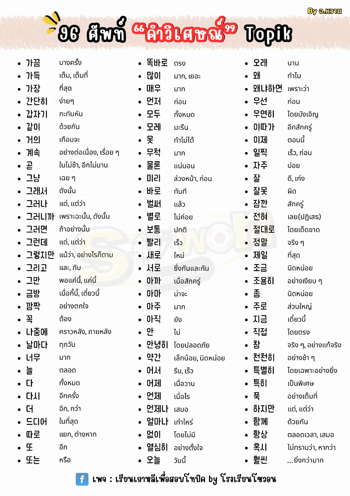 วันนี้รวบรวมคำศัพท์คำวิเศษณ์ในภาษาเกาหลีมาให้ท่องเตรียมสอบกันค่ะ อย่าลืมเซฟไว้ท่องกันนะคะ #ภาษาเกาหลี #topik #เรียนภาษาเกาหลีด้วยตัวเอง #คําศัพท์ภาษาเกาหลี #เรียนภาษาเกาหลี