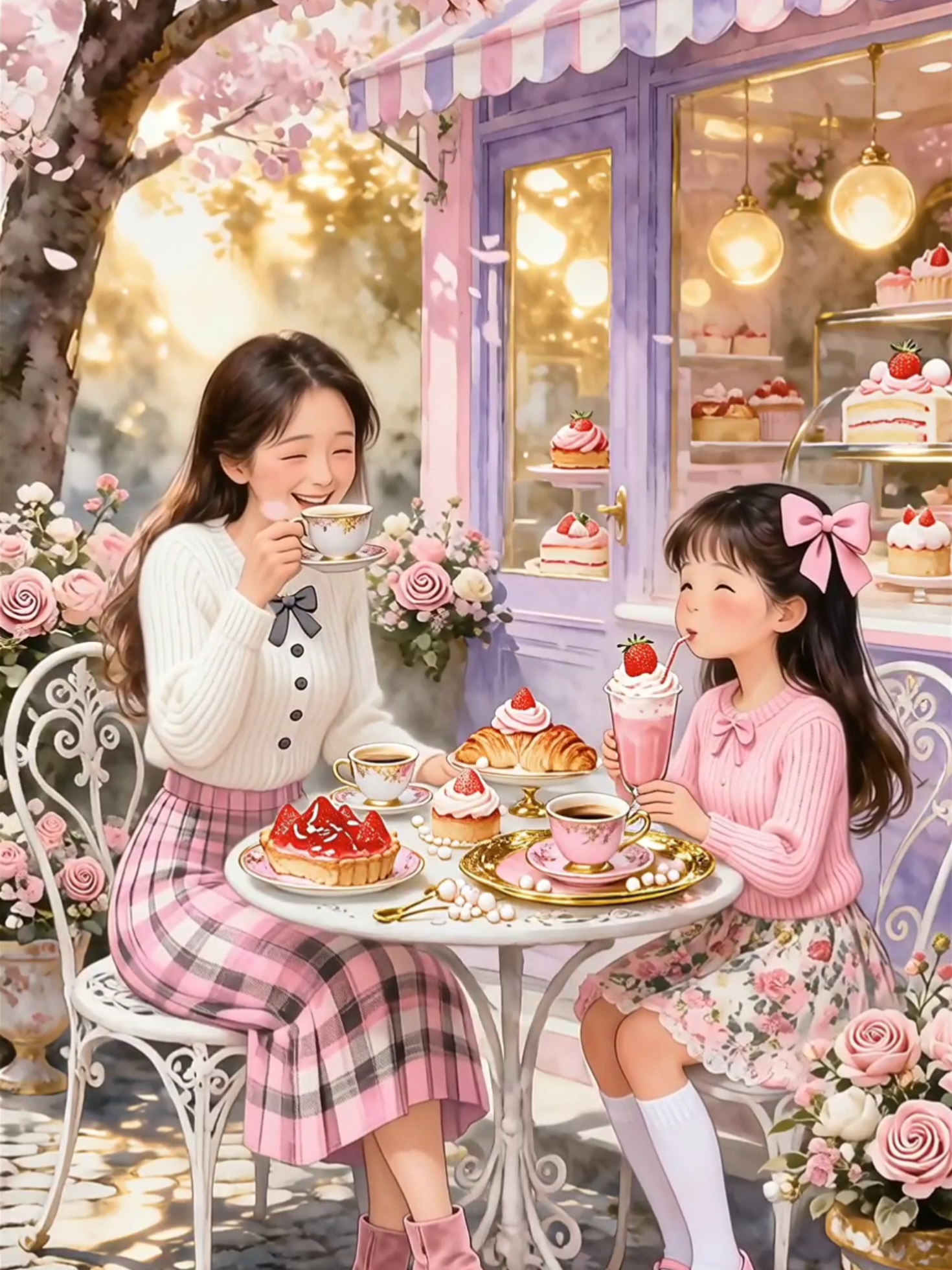 ✨ A mother-daughter moment wrapped in strawberry tarts, cherry blossoms, and cozy bakery magic 🍓🌸   Soft giggles, flickering light, and desserts too pretty to eat, this is what love looks like in watercolor.   #foryou #foryoupage #cozy #family #bakery 