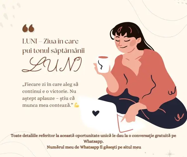 „Fiecare zi în care aleg să continui e o victorie. Nu aștept aplauze – știu că munca mea contează.”  Mindset-ul unei îngrijitoare nu e despre motivație constantă. E despre disciplină în tăcere. E despre a merge mai departe, chiar și atunci când nimeni nu te întreabă cum te simți. Azi îți reamintești: – Ai voie să fii obosită. – Dar nu uita: ceea ce faci e important. Fiecare zi. Spune în comentarii cu ce gând începi săptămâna ta de lucru. Salvează postarea pentru zilele grele. Toate detaliile referitor la această oportunitate unică le dau la o conversație gratuită pe Whatsapp. Numărul meu de Whatsapp îl găsești pe situl meu. MHM înseamnă: Muncesc – de unde vreau. Hrănesc – familia mea, emoțional și financiar.  Mă Regăsesc – în fiecare zi.