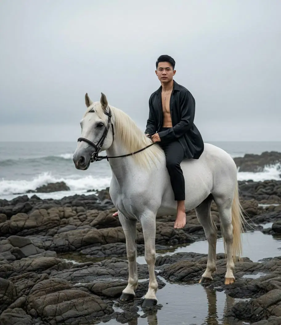 Tutorial edit di GEMINI AI 🫵 1. buka aplikasi Gemini 📲 2. Masukan foto kamu 📸 3. Copy+paste prompt di bawah 👇 ​ PROMPT : A full-body cinematic shot of a young, dark-haired man wearing a black button-down shirt and black trousers. He sits barefoot on a majestic, pure white horse on a rugged coastline. The horse is facing left, and the man gazes serenely into the camera. The ground is covered in dark, smooth rocks. The lighting is soft and diffused (on an overcast day), creating a luxurious, dreamy fashion aesthetic. Shot with a professional DSLR, 85mm lens, shallow depth of field, highly detailed fantasy theme. 9:16. #GeminiAi #geminitrend #gemini #fyp #promptgemini 
