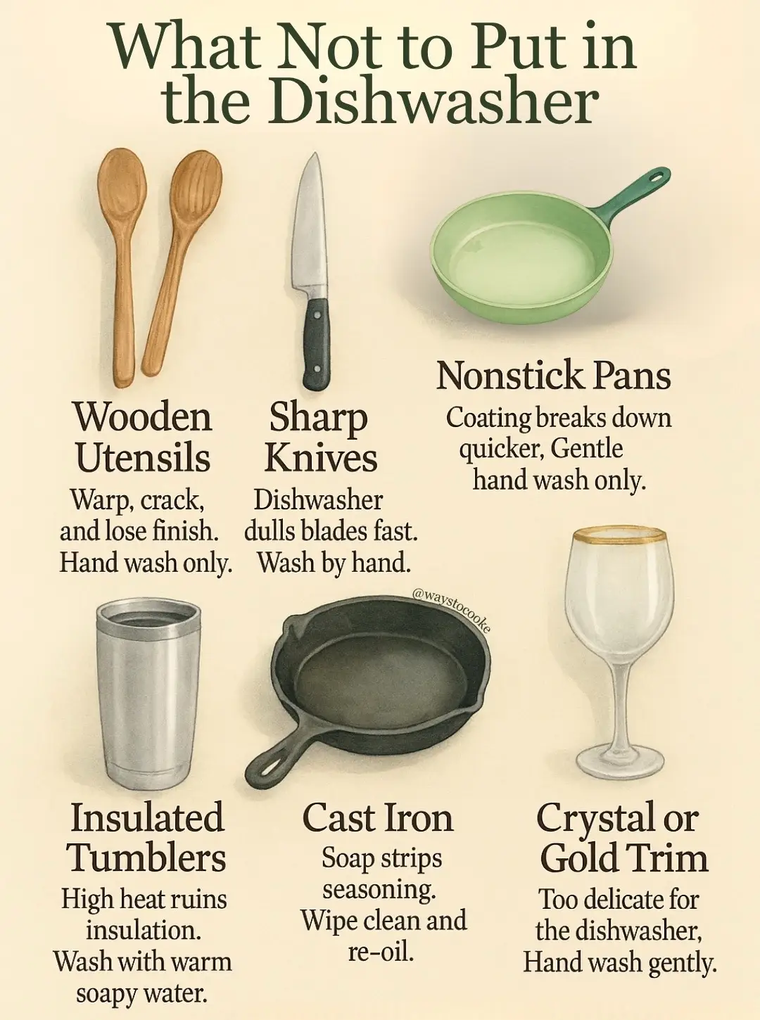 Most dishwasher damage is silent. A little heat here. A dulled edge there. A ruined pan before you even notice. Here are six tools better off hand-washed. For more kitchen science and the stuff no one ever teaches you, head to my Substack, link in bio.