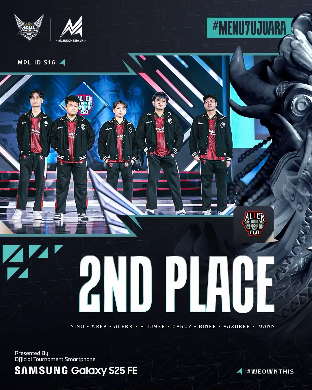 Runner-up! Bukan gelar juara, tapi Alter Ego berhasil buktikan perjuangan keras di Season 16 ini dengan lolos ke Grand Finals dan panggung dunia M7. Alter Champs bangga! #GalaxyS25 FE #GalaxyxMPLIDS16 #MatchResult #PlayoffsMPLIDS16 #MPLIDS16    