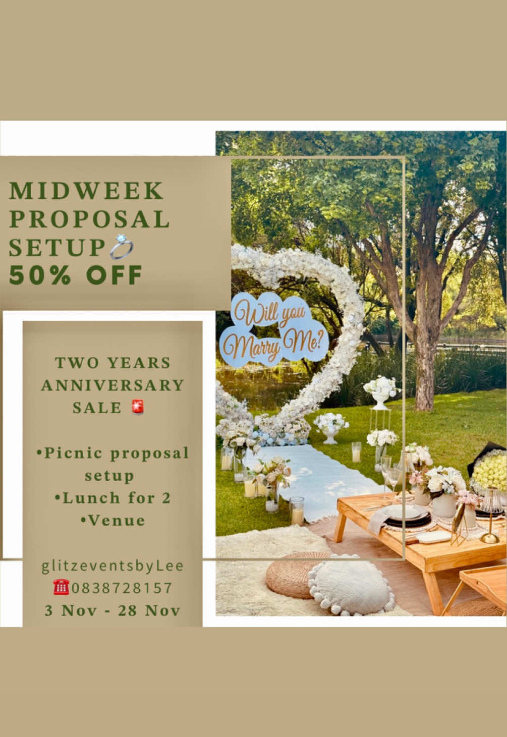 🚨𝐏𝐑𝐎𝐌𝐎𝐓𝐈𝐎𝐍 🚨 𝐆𝐥𝐢𝐭𝐳𝐞𝐯𝐞𝐧𝐭𝐬𝐁𝐲 𝐋𝐞𝐞_𝐌 𝐢𝐬 𝐫𝐮𝐧𝐧𝐢𝐧𝐠 𝐚 𝟐 𝐲𝐞𝐚𝐫 𝐚𝐧𝐧𝐢𝐯𝐞𝐫𝐬𝐚𝐫𝐲 𝐏𝐫𝐨𝐦𝐨 𝐭𝐡𝐚𝐭 𝐲𝐨𝐮 𝐰𝐨𝐮𝐥𝐝𝐧'𝐭 𝐰𝐚𝐧𝐭 𝐭𝐨 𝐦𝐢𝐬𝐬 𝐨𝐮𝐭 Our midweek proposal promo includes; Proposal setup💍 Lunch for 2 🍽 Venue - Walter sisulu botanical gardens All inclusive at R2 825 #gardenproposaldecor  #picnicproposal  #willyoumarryme  #proposalinspiration  #proposalaroundjhb 