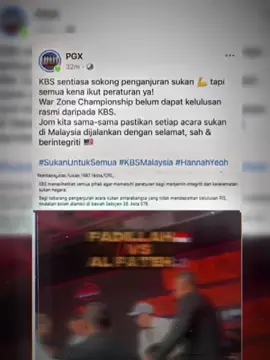 Kementerian Belia dan Sukan (KBS) mengesahkan bahawa Warzone World Championship tidak mendapat kelulusan rasmi di bawah Akta Pembangunan Sukan 1997 [Akta 576]. Penganjur yang gagal mematuhi peraturan boleh dikenakan tindakan di bawah Seksyen 36, Akta 576. KBS turut menyeru agar semua pihak memastikan setiap acara sukan dijalankan dengan selamat, sah dan berintegriti demi menjaga imej sukan negara 🇲🇾 Sumber rasmi: – Facebook Kementerian Belia ✅🔥dan Sukan Malaysia (KBS) – Facebook YB Hannah Yeoh (Menteri Belia dan Sukan) ✅ – Sinar Haria n✅ – PGX Official ✅ ✍🏼. #dve🥊 #davesongseah #fypsarawak #fypmalaysia #WWC 