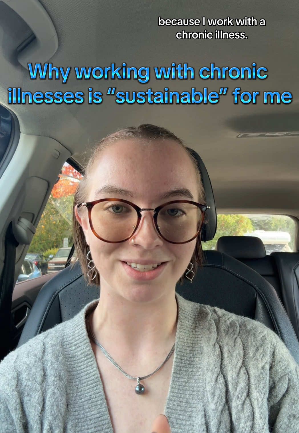 Trust me, I don’t have a full time job because it’s easy for me with my chronic illnesses. I have a full time job because I need the financial stability to survive in society despite my chronic illnesses. Work is when most of my energy goes. I use the little left over to do what’s absolutely necessary and that’s about all I have! I’m always behind on laundry and dishes and I never get to make the food I really want to have! I would love to be able to stay caught up on regular tasks but I just don’t have the energy to do that with my illnesses.  VD: Zoe, a white woman sitting in her car wearing a grey sweater, black pearl necklace, Silver spiral earrings, brown framed glasses, a silver nose ring, and short brown hair with the top half pulled back parted in the middle.  #ChronicIllness #chronicallyill #fulltimejob #working #financialstability 
