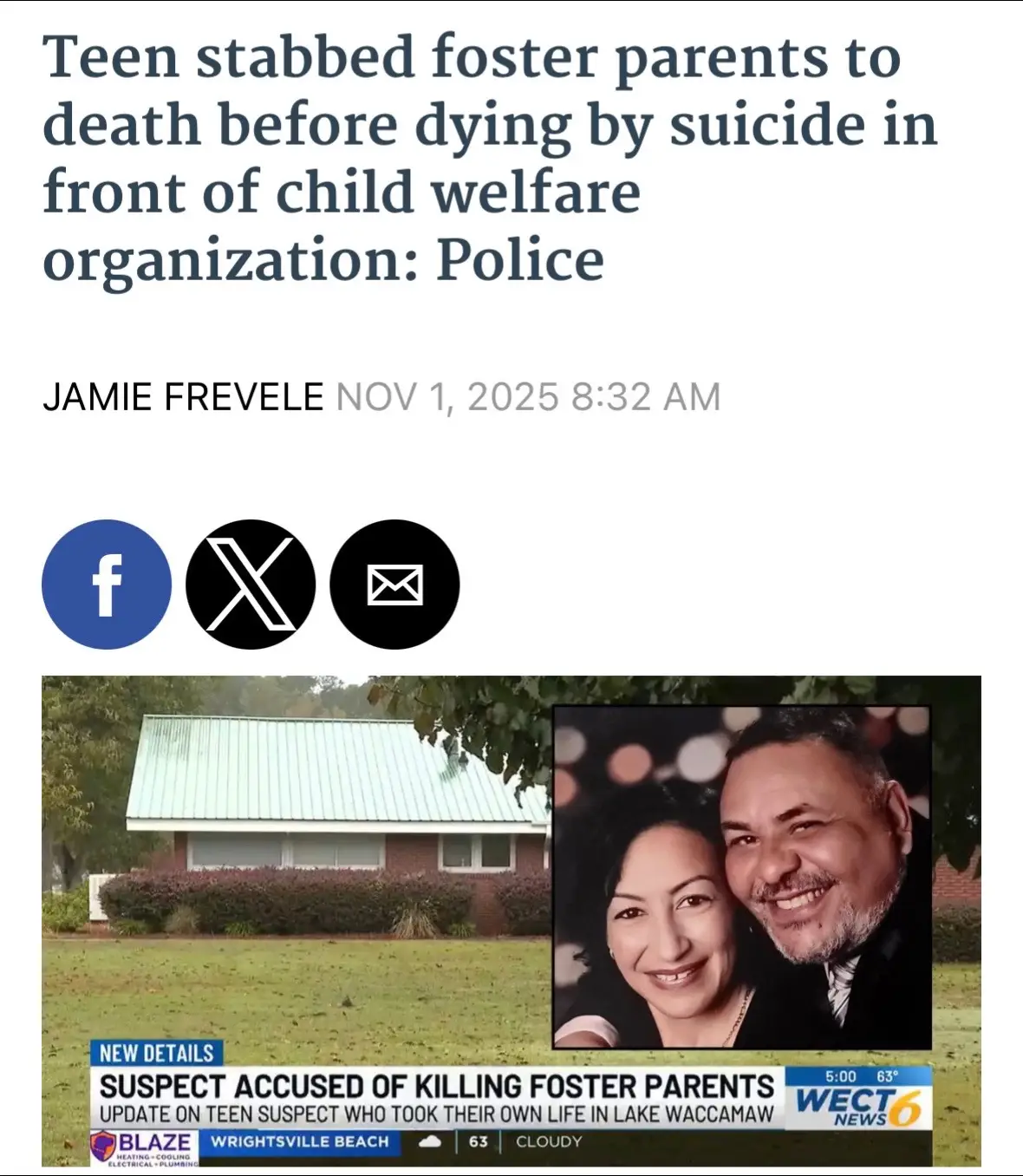 Such a tragic story 🥹💔 Honestly with stories like this is that we will never know what was the reason or motive behind the deaths. This isn’t my first time hearing about a story like this where the foster child killed their foster/adoptive parents.  A North Carolina couple was killed by their own foster child, who took his own life after committing the crime, police said. According to the Hoke County Sheriff's Office, 46-year-old Joann Chavis and her husband, 53-year-old Ted Chavis, were found stabbed to death in their home in Raeford on Monday. The couple's 17-year-old foster child, who was only identified as D.P., was determined to be the main suspect in the double homicide. After naming their suspect, authorities were led to the Boys & Girls Homes building in Lake Waccamaw, around 80 miles southeast of Raeford, where they found D.P.'s car. 