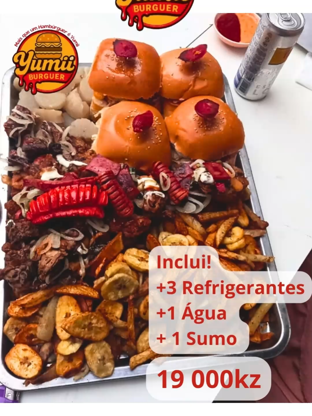 O Tabuleiro Especial Yumii!  Mais que uma refeição… é uma experiência de sabor!   4 Hambúrgueres suculentos  Batatas fritas + banana frita crocante  Chouriço, carne grelhada e molhos especiais  Inclui: 3 Refrigerantes + 1 Água + 1 Sumo  Tudo isso por apenas 19 000 Kz! O melhor preço de sempre, pra dividir com a tua família ou o teu grupo!   Estamos no Morro Bento, rua sentido à Max, depois da Igreja Sheknah.  Encomendas: 940 992 189 #fastfood #Angola #fyppppppppppppppppppppppp #foryou