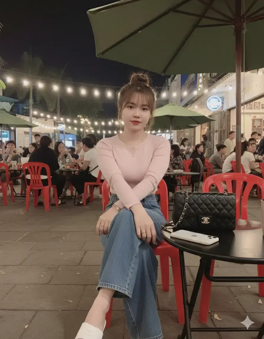 Tạo bức ảnh này sao cho giống với hình gốc 100%, không chỉnh sửa miệng hay mũi.tóc búi cao Cô gái mặc quần jean ống suông màu xanh và áo croptop tay dài màu hồng pastel, đeo túi Chanel màu đen, để ở trên bàn với cái iPhone đời mới màu trắng đeo dây chuyền,nhẫn , vòng tay , bằng vàng ngồi trong một quán cà phê chill vào ban đêm ở ngoài đường, và mang dép  màu trắng kiểu dễ thương#suhuongtiktok #gemini #suhuong 