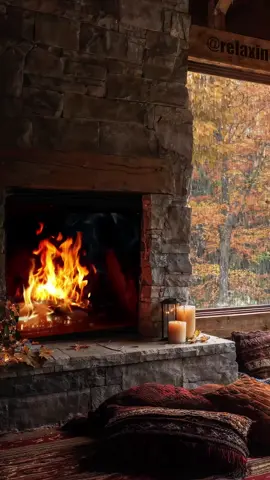 Cozy cabin vibes on a rainy autumn day. 🔥🍂 What's your favorite thing about fall? #cabinlife #autumnmood #cozyvibes #relaxinoffgrid #fallcolors #fireplace #rainyday #getawa 