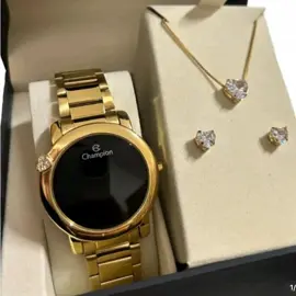 Kit Relógio Champion Original Feminino Dourado fundo preto + colar e brincos  #viral_videos #fyp #tiktok #mulher #parat 