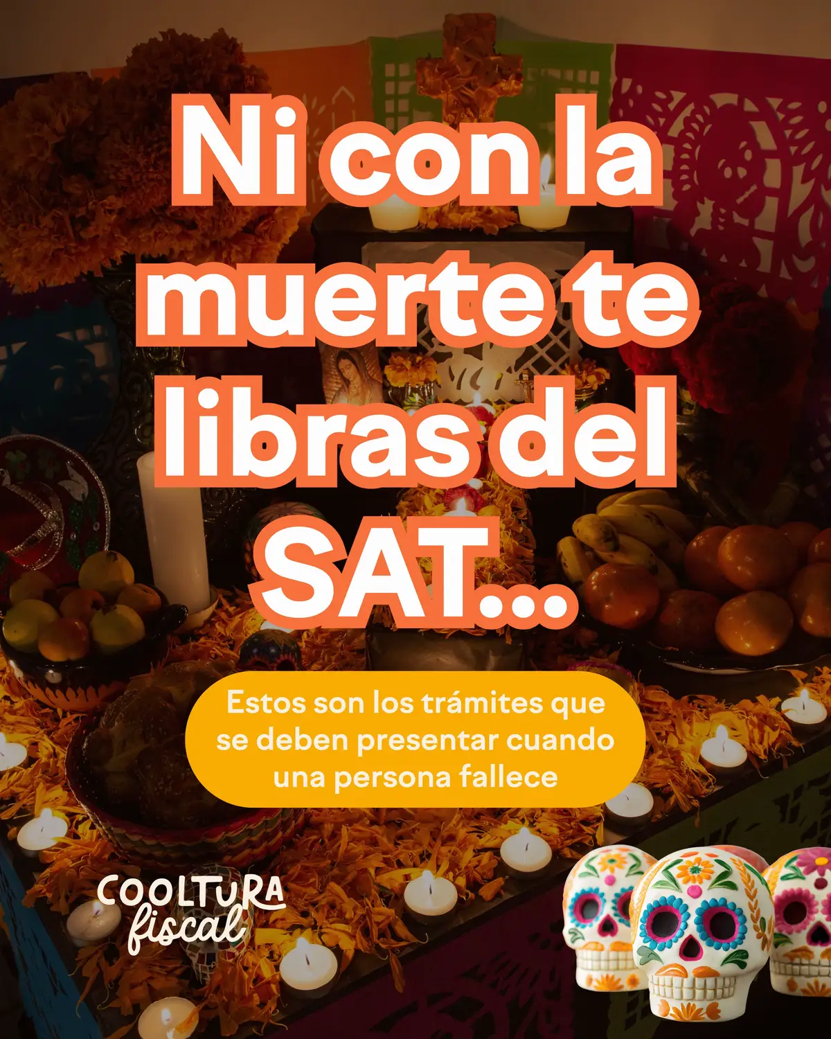 🕯️ En honor al Día de Muertos, hablemos de un tema que pocos mencionan, pero que todos deberíamos conocer: los trámites que deben hacerse ante el SAT cuando una persona fallece 🪦 Aunque suene frío, dejar las cosas en orden puede evitar muchos problemas a la familia 🙏🏼 Desliza para conocer qué pasos hay que seguir y cómo hacerlo correctamente 📜 #CoolturaFiscal #SAT #TrámitesSAT #DíaDeMuertos #RFC   
