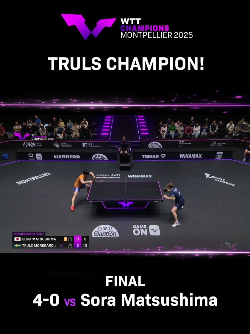 Truls performance was breathtaking! 🔥🔥🔥 Truls Moregardh claims his second WTT title of the year, adding Montpellier to his 2025 trophy cabinet! 🏆 He takes down Sora in a dominant straight-games victory, pure class from the Swedish star! 🇸🇪✨ #WTTMontpellier #TableTennis 