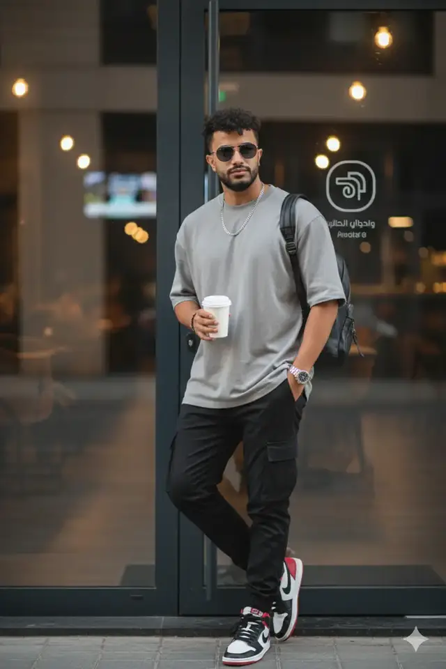 ‏@توفيق سلطان الجعفري:Create a photorealistic portrait of a young man leaning casually against a doorway.He is wearing a loose gray oversized t-shirt,black cargo pants,bracelet,chain,wristwatch,sunglasses,high-top best colour sneakers,He carries a Black backpack on one shoulder and holds a takeaway coffee cup in one hand while the other hand is in his pocket.The background shows the entrance of a modern Cafe with a dark interior and visible signage on the glass door.Urban streetwear fashion(face100%sametouploadphoto)