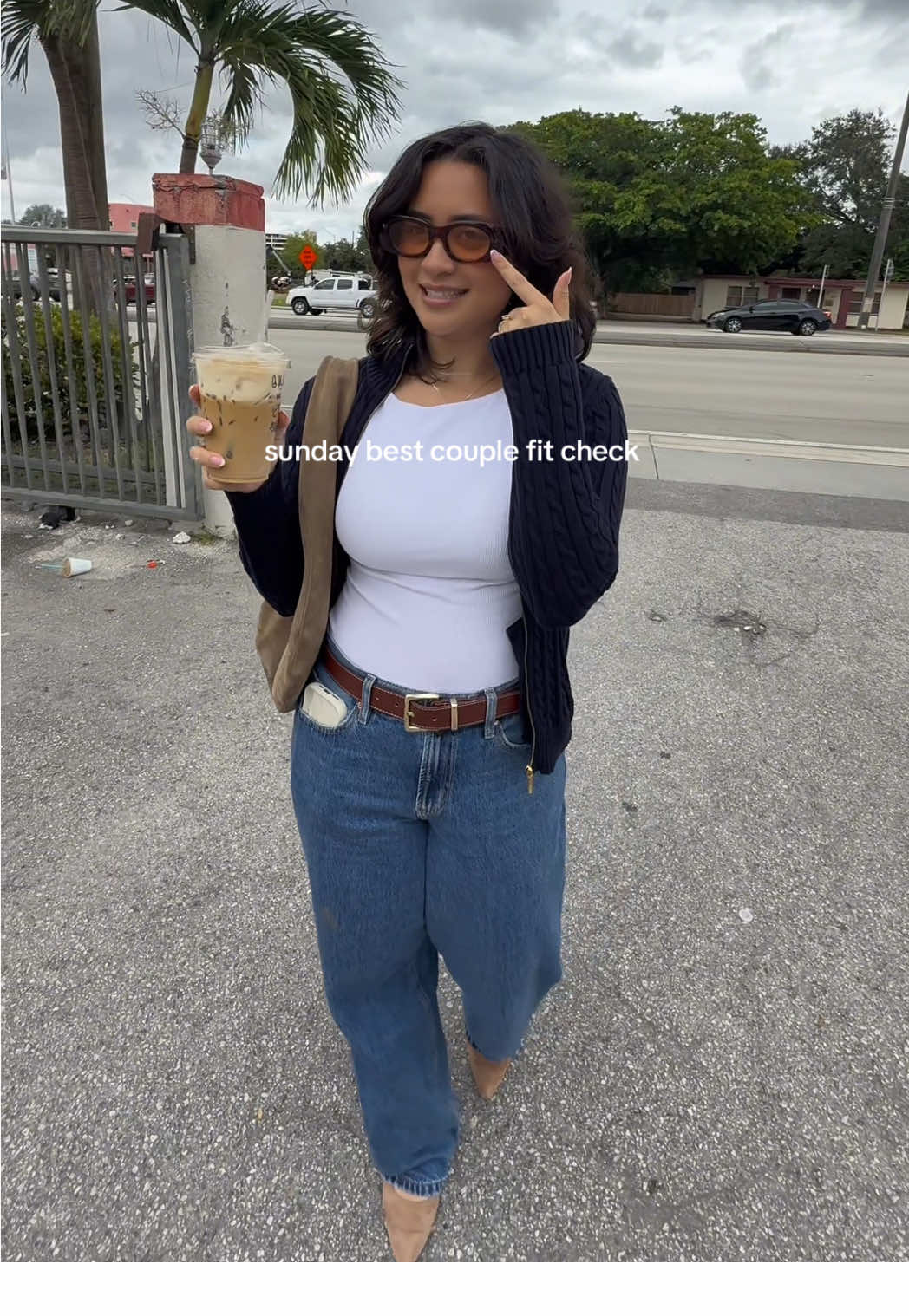 this man lovesss a .5 angle 😩  coffee: @rencoffeecart  jeans: @garageclothing  top: @ZARA  jacket: @Ralph Lauren  suede kitten heels: @TJ Maxx  suede purse: @Flattered  glasses: @polette  belt: @Mango Clothing  #OOTD #sundaybest #husbandwife #coupleoutfit #outfitinspo 
