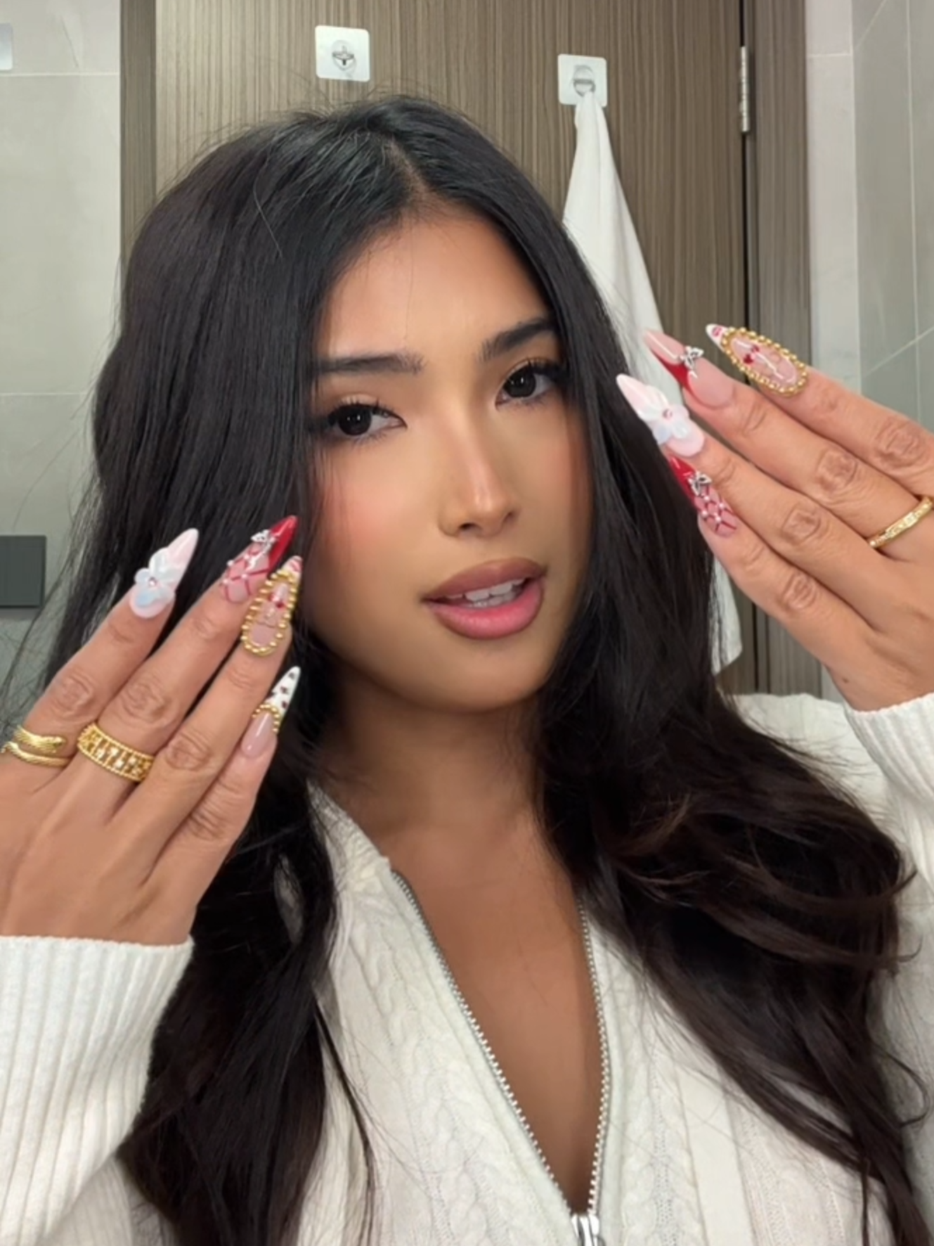 🍒 Cherry Glaze ✨ Glossy pinks, ruby reds, and 3D florals that scream sweet but bold! 💋 Perfect for your glam nights, date looks, and that “main character” energy #nails #nailart #nailtok #frenchnails #handmadepressonnalis #nail #pressonnails #nailvesta #fyp #nailinspo