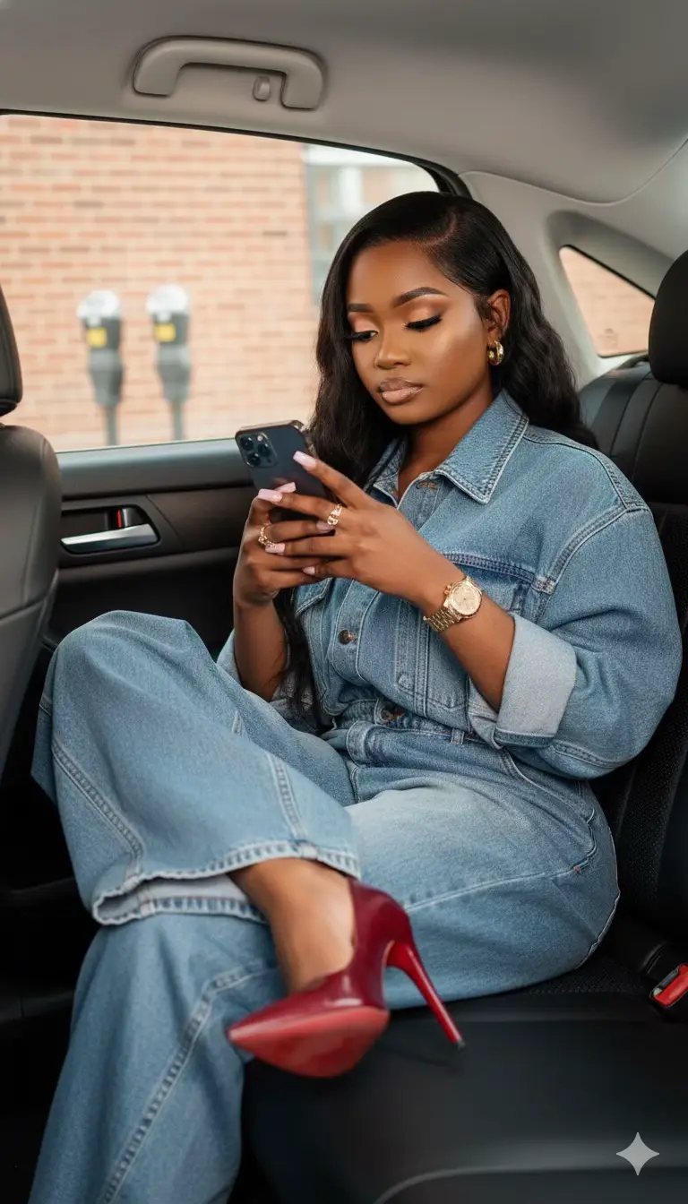 🌺Prompt🌺Use my image to Creates an image of an elegant young woman sitting casually in the back seat of a modern car. She wears an oversized Doppel-Denim-Jumpsuit in a superimposed look: baggy pants, wide shirt with rolled up sleeves. Her legs are pounded one on the other, her right foot shows an elegant high heel in burgundy red. She holds a smartphone with two hands and looks closely at the screen. A luxurious gold watch sparkles on her wrist, with several gold rings on her fingers. Her hair is very long, black and slightly wavy, falling on the shoulders. Face line: concentrated, relaxed, cool fashion look. Background: cabin interior, side window of the car, blurred urban background with brick wall and parking meters. Natural light falls through the window. Y2K aesthetics: light chrome highlights, subtle accessories shine, soft softener, strong but warm shades, bright highlights, cinematic, Fashion-Editorial-Vibe. High resolution, realistic, emphasis on details and textures. Makeup is expressive: long natural black lashes, eyeliners, highlighters, contours and blush with strong cheeks, neutral and pinkish glossy skin with a pal glossy red lip liner. Well-groomed eyebrows with Brauenlifting-Effekt. (Keep facial features as they are). Long nails in baby-boomer pink. She wears a matching earring and several rings. #fyp #fypシ゚ #viral #gemini #aigenerated 