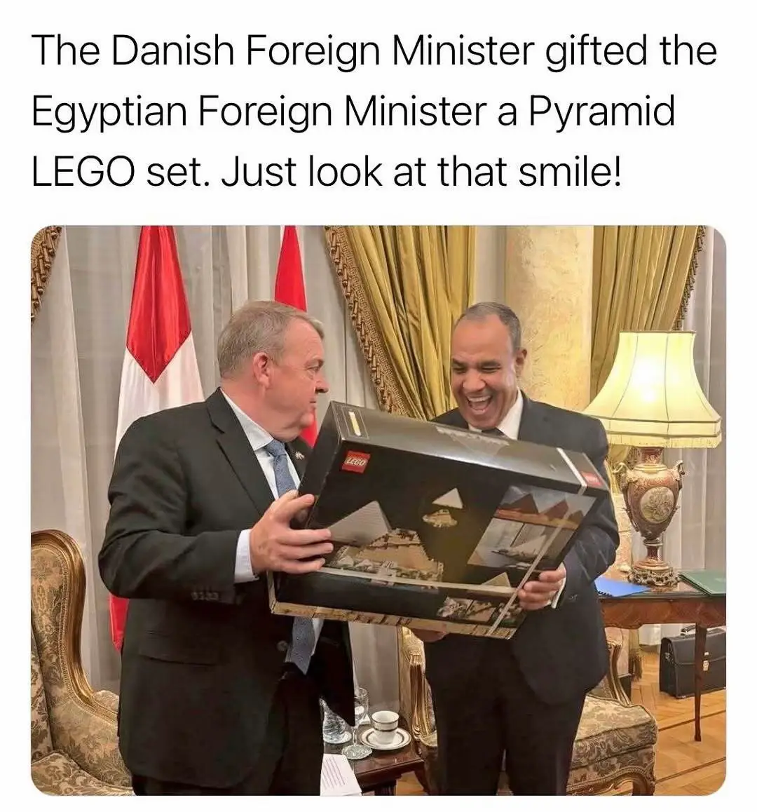 During an official visit, Danish Foreign Minister Lars Løkke Rasmussen presented his Egyptian counterpart, Badr Abdelatty, with a LEGO set of the Great Pyramid of Giza. The gesture blended Denmark's iconic toy heritage with Egypt's ancient cultural pride, symbolizing creativity and collaboration between the two nations. The set, part of LEGO's Architecture series, includes 1,476 pieces and depicts the pyramid's original appearance along with its inner structure. Reports noted that Abdelatty received the gift warmly, viewing it as a thoughtful and symbolic act of friendship. The moment highlighted how cultural exchange can connect tradition and innovation in diplomacy. #lego #fyp #blowup #story 