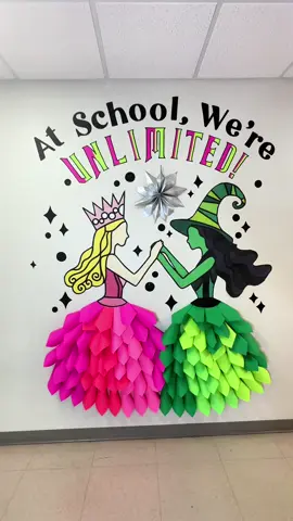 Because we know them (our students 🥹), we’ve been changed for good 💚 Inspired by the new Wicked movie, we’re turning this wall into a magical reminder that our students have ✨UNLIMITED ✨ potential one sheet of @Astrobrights paper at a time 🌈👑 🎀🧹❇️ Check out our Teachers Pay Teachers store (link in bio) for the link to this display resource and our LTK for all of the supplies we got from @target to create it 🔗🤗
