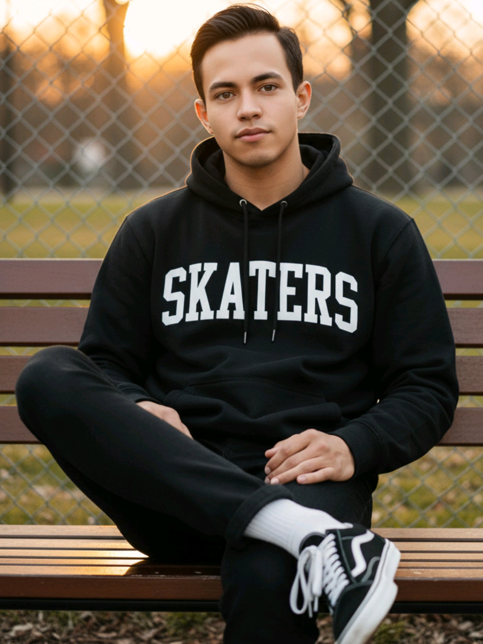 Prompt Ai pria duduk santai di bangku taman Buatkan gambar hyper-realistic, wajahnya sama persis dengan foto referensi (100% tanpa perubahan pada wajah, mata, struktur wajah, alis, hidung, bibir dan juga jangan merubah bentuk badan) Seorang pria duduk santai di bangku taman kayu pada sore hari, mengenakan hoodie hitam dengan tulisan besar 