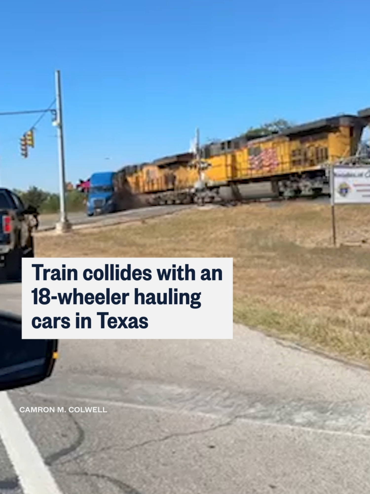 A train in #Texas collided with an 18-wheeler carrying a full load of cars that had stopped on the tracks.