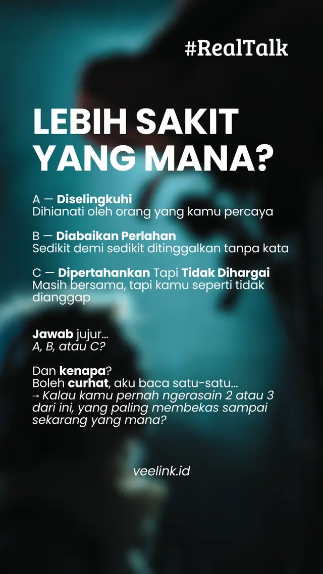 JUJUR. LEBIH SAKIT YANG MANA? A, B, atau C? Jangan halusinasi soal cinta — semua orang punya batas untuk disakiti. A — Diselingkuhi B — Diabaikan perlahan C — Dipertahankan tapi cuma jadi pilihan cadangan Realitanya? • Banyak orang maafkan perselingkuhan, tapi belum tentu bisa memaafkan rasa disepelekan. • “Sabar & bertahan” itu sering cuma alasan biar kamu tetap tersakiti dengan elegan. • Dan yang paling gila… kadang kamu tetap sayang orang yang paling merusak kamu. Sekarang jawab: Mana yang paling nyisa di kepala & bikin trauma ke hubungan berikutnya? Tulis cuma: A, B, atau C — beserta alasan paling pedas kamu. Aku tunggu komen jujur yang bikin panas kolom komentar. 🔥 ⸻ “Kalau sudah tidak dihargai, itu bukan cinta… itu pembiasaan disakiti.”