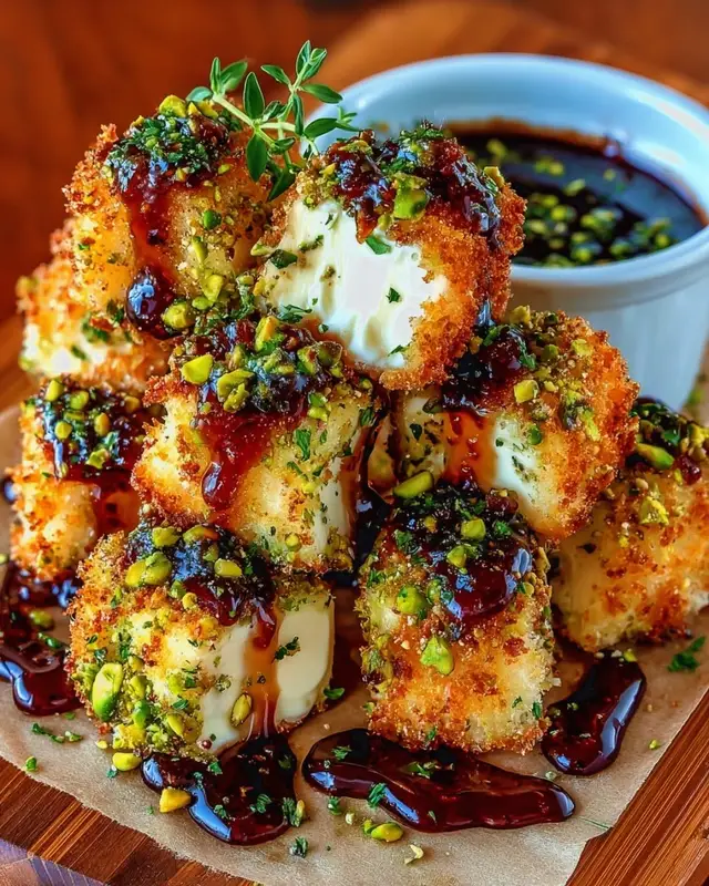 Ingredients: For the Brie Bites: 8 oz (225g) Brie cheese, cut into 1-inch cubes ½ cup all-purpose flour 1 large egg, beaten 1 cup shelled pistachios, chopped 2 tbsp unsalted butter, melted Pinch of salt For the Fig Honey Glaze: ¼ cup fig preserves or fig jam 2 tbsp honey 1 tsp lemon juice Optional Garnish: Fresh thyme or microgreens Directions: Prepare the Coating: Place flour in one bowl, beaten egg in another, and chopped pistachios in a third. Season flour with a pinch of salt. Coat the Brie Cubes: Dredge each Brie cube in flour, then dip in egg, and press into pistachios until fully coated. Bake the Brie Bites: Preheat oven to 375°F (190°C). Place coated Brie cubes on a parchment-lined baking sheet. Brush lightly with melted butter. Bake 10–12 minutes until golden and slightly melted inside. Prepare the Fig Honey Glaze: In a small saucepan, combine fig preserves, honey, and lemon juice. Heat over medium heat until warm and slightly runny. Assemble and Serve: Drizzle glaze over baked Brie bites. Garnish with fresh thyme or microgreens. Serve warm. Nutritional Information (per bite, approx.): Calories: 100 kcal Fat: 7g Saturated Fat: 3g Carbohydrates: 6g Sugar: 3g Protein: 3g