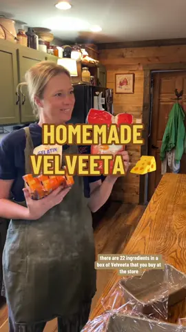 Homemade 4 ingredient Velveeta cheese 🙌🏼🧀 1# mild cheddar, 1/3c powdered milk, 2 1/2t beef gelatin, 1c boiling water.  . Also remember before you make a silly comment: RECIPES do not include the ingredients of their ingredients, hope that helps 🙈 . . When you go to use this- THAW IT OUT IN THE FRIDGE FIRST- and then it will not be gritty when it’s heated up.  .  #realfood #homemadefood #homesteading #canning #canningandpreserving