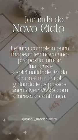Leitura Anual Jornada do Novo Ciclo! Uma leitura terapêutica com o tarot para liberar o velho, curar padrões e alinhar as energias do teu novo ano. Um recomeço guiado pela alma. ✨