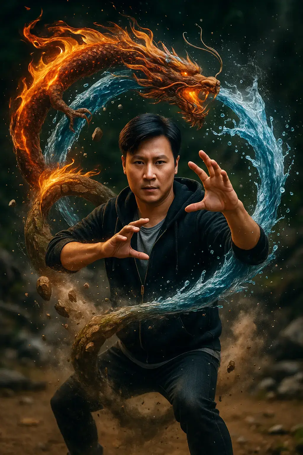 Begini cara buatnya : 1. Buka chat GPT 2. Masukkan Gambar 3. Copy Prompt dibawah Create a hyper-realistic 8k cinematic up-close photo of a man (use attached photo) performing an avatar bending stance outdoors. A swirling ring of all four elements earth, air, water, and fire surrounds him forming a dragon, complete with claws, whiskers, and dramatic twists. The dragon appears to be alive flowing outside his hands, captured with natural elements physics — water, droplets, splashes, refractions, mist, rocks, dust, pebbles, wind, flames, embers. #gambarai #fyp #chatgpt #gambar 