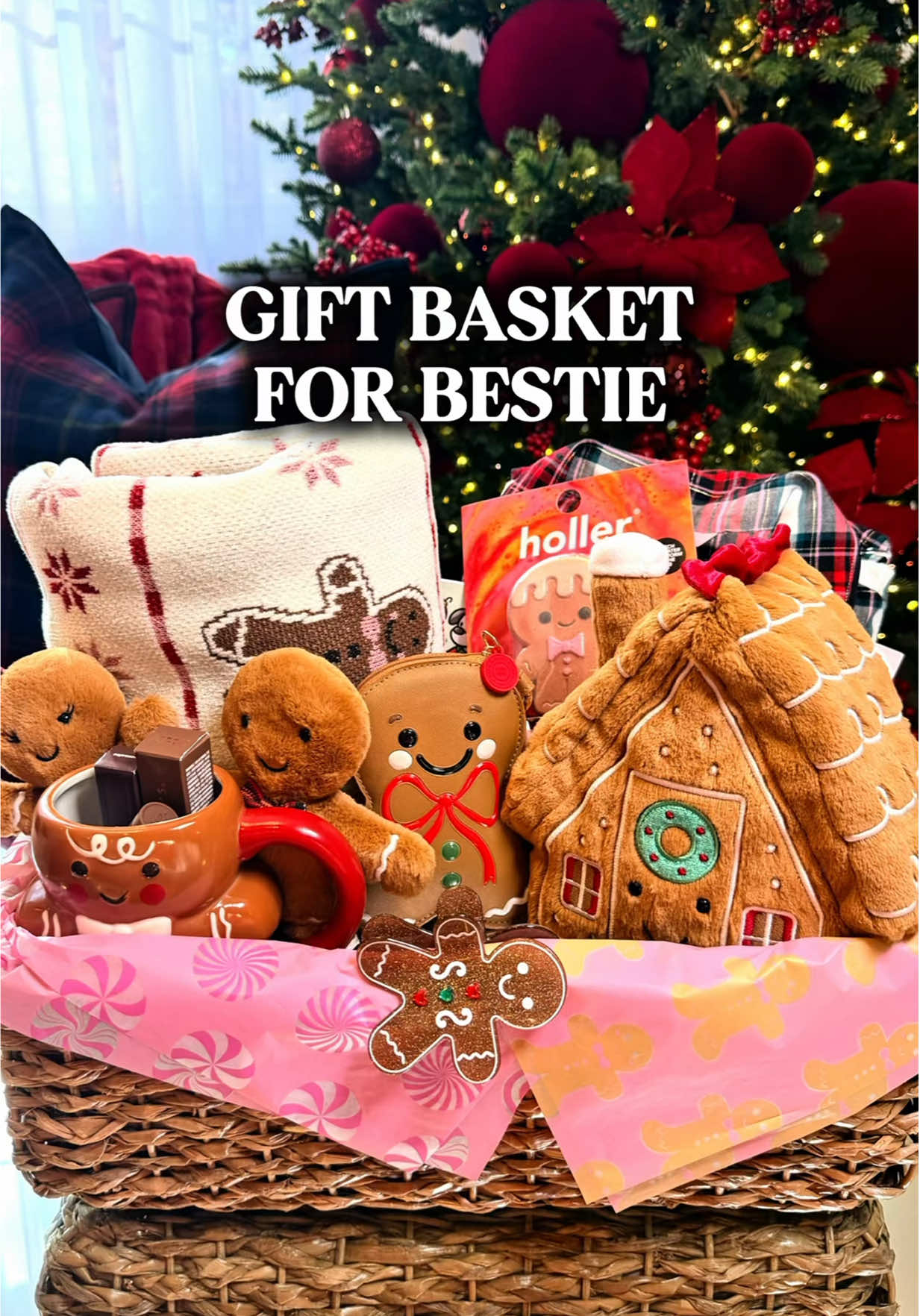 Can you guess the theme of this gift basket for my bestie? ☺️  #burrbasket #christmasvibes #giftbasket #christmasdecor #christmasmugs  Video description: packing a Christmas burr basket for my bestie, with candles, blanket, pajames, Sephora finds, bath & body works, jelly cat , Lip gloss 